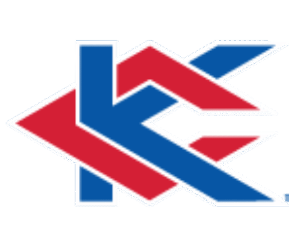 Kansas City Kansas Community College logo with a blue and red geometric KC symbol and blue wordmark.